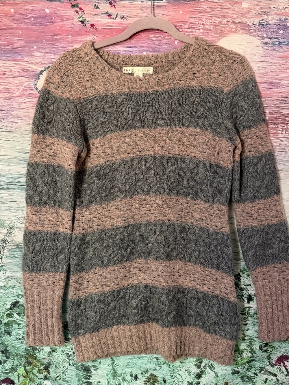 Cozy Striped Crewneck Sweater - Blush Pink & Gray